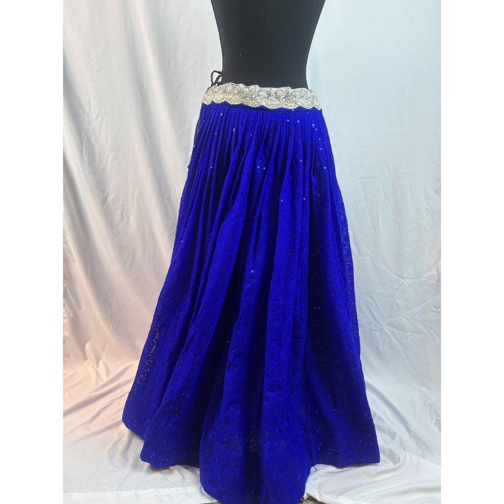 Royal Blue Chikankari Sequin Lehenga Skirt Silver Scalloped Waist Latkan Tassels - Picture 9 of 10
